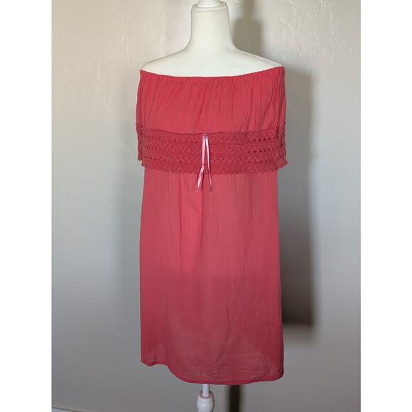 Coral Off-Shoulder Boho Midi Dress Mexico One Size Stretchy Pink Cotton Resort - Picture 5 of 7